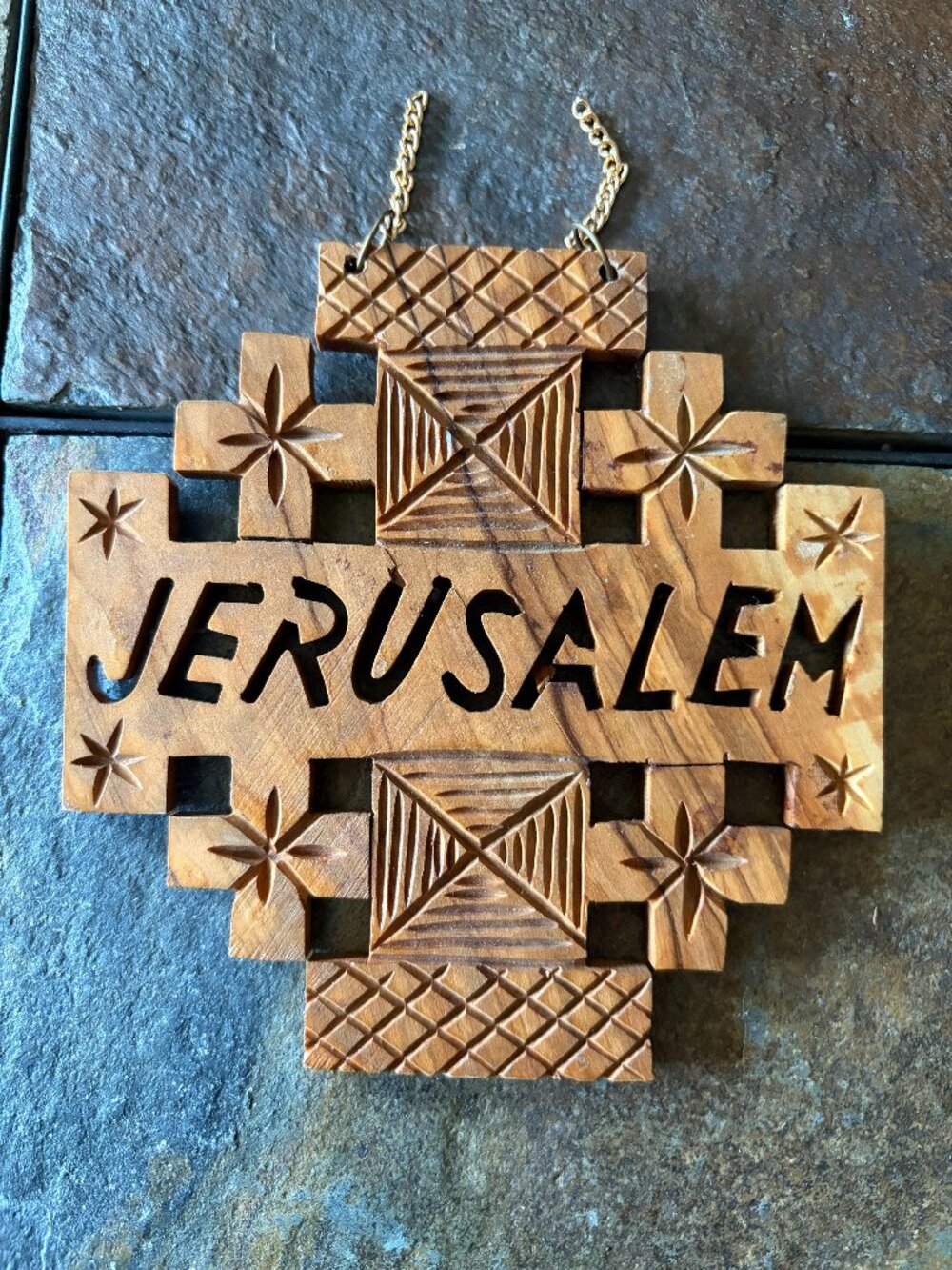 Vintage Holy Land Olive Wood Jerusalem Cross Wall Plaque 5.5"